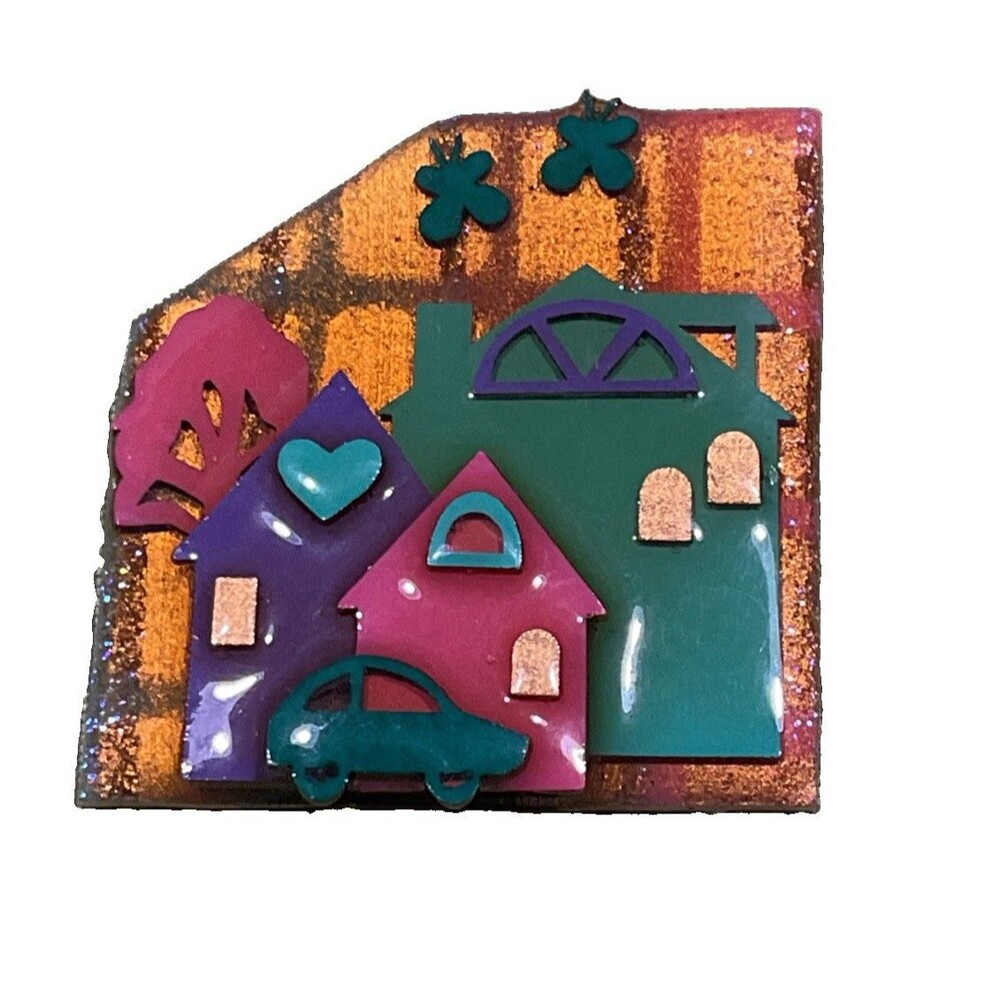 Vintage House Pins By Lucinda Pink Green Houses Car Tree Butterflies 2”